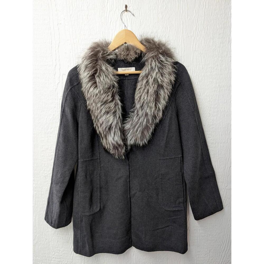 Ellen Tracy Gray Wool Angora Coat Jacket Removable Silver Fox Collar Size 8